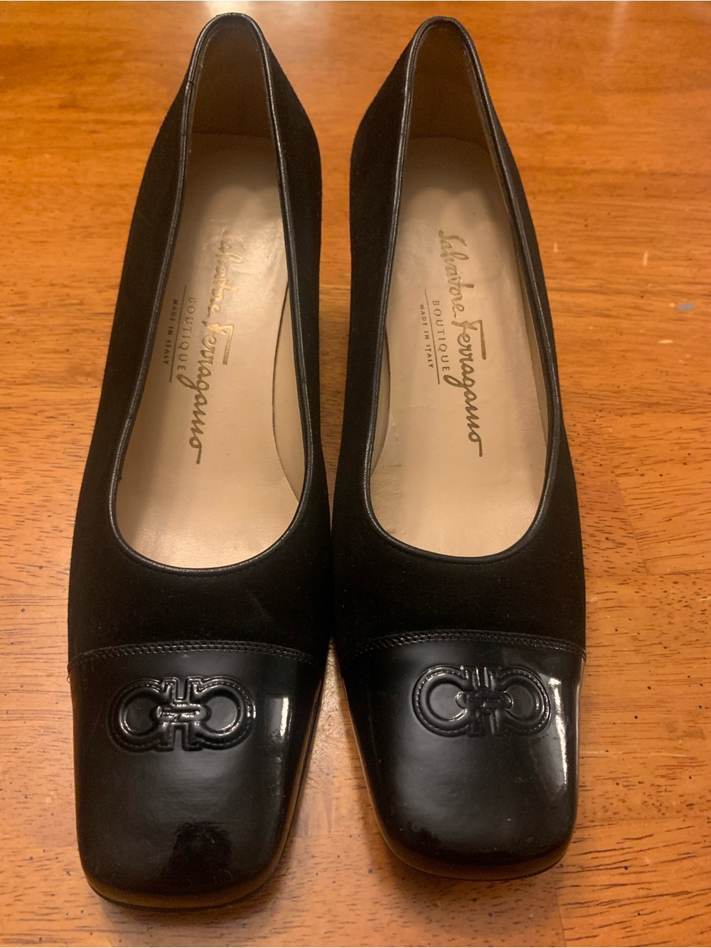 Salvatore Ferragamo Black Suede and Patent Leather Gancini Pumps